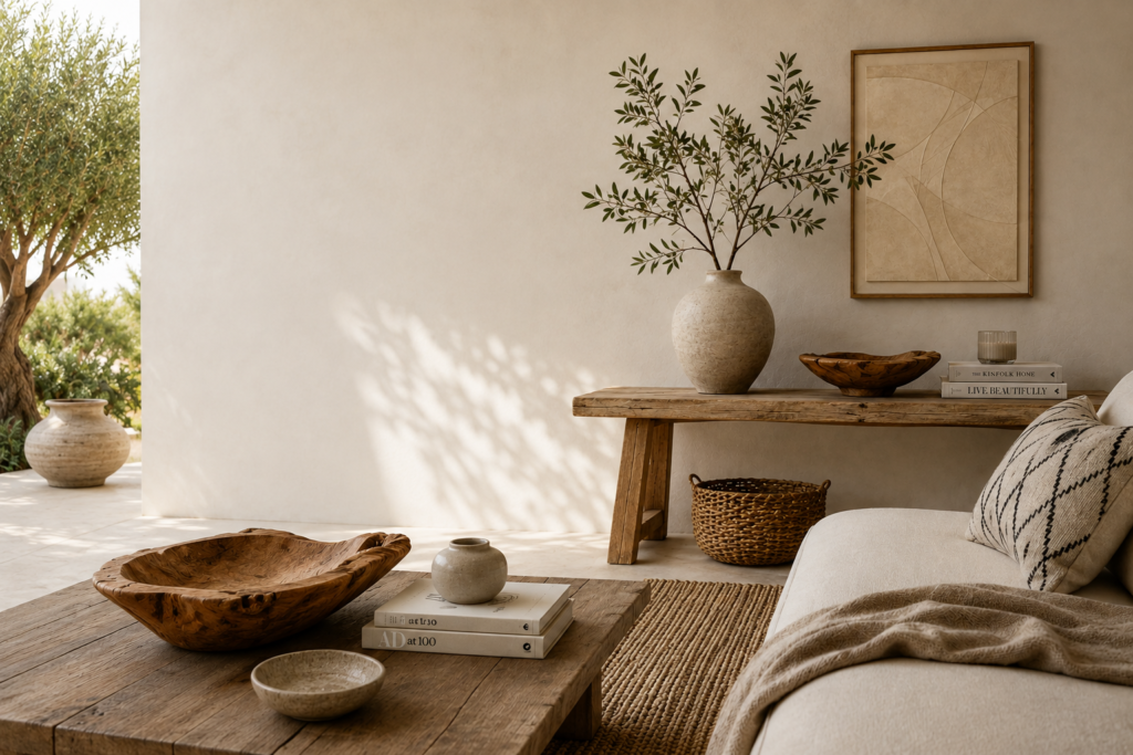 Ljus och harmonisk interiör med naturmaterial och dekorativa detaljer