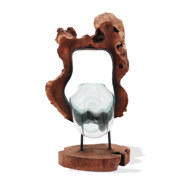 Skulptural glasvas med naturlig träställning