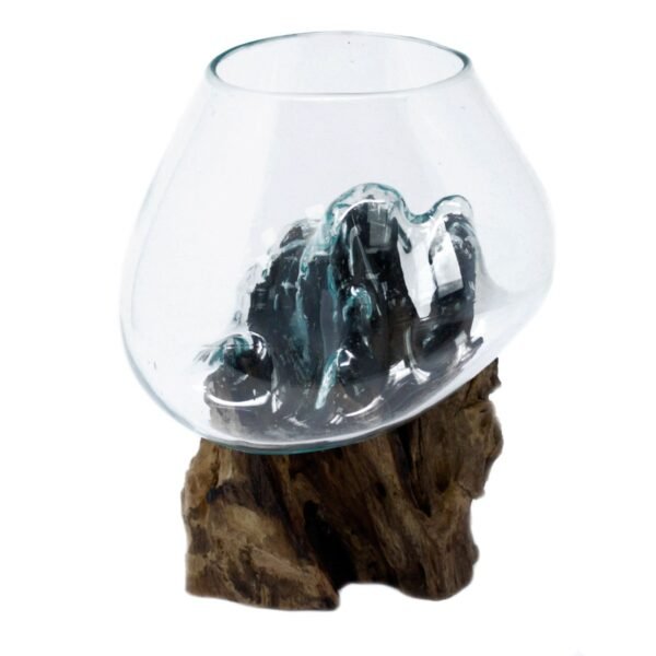 Stor handgjord glasdekoration med naturlig träbas
